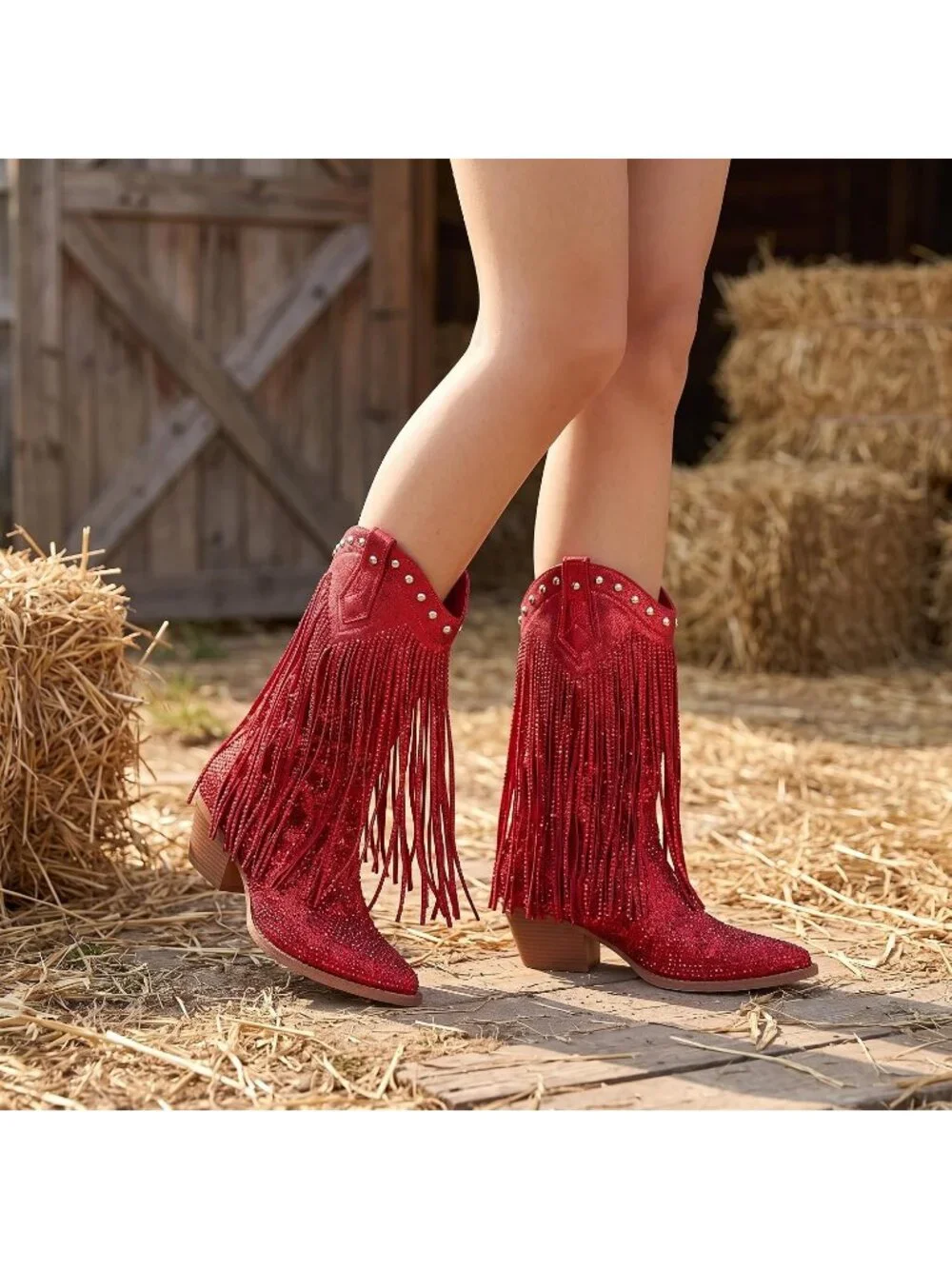 Women's Red Rhinestone Cowgirl Boot Sparkly Pointed Toe Fringe Chunky Heel